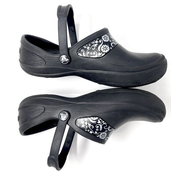Crocs at Work Mercy Black Silver Floral Trim Back Strap Slip-Resistant Clogs 8 - Picture 5 of 9